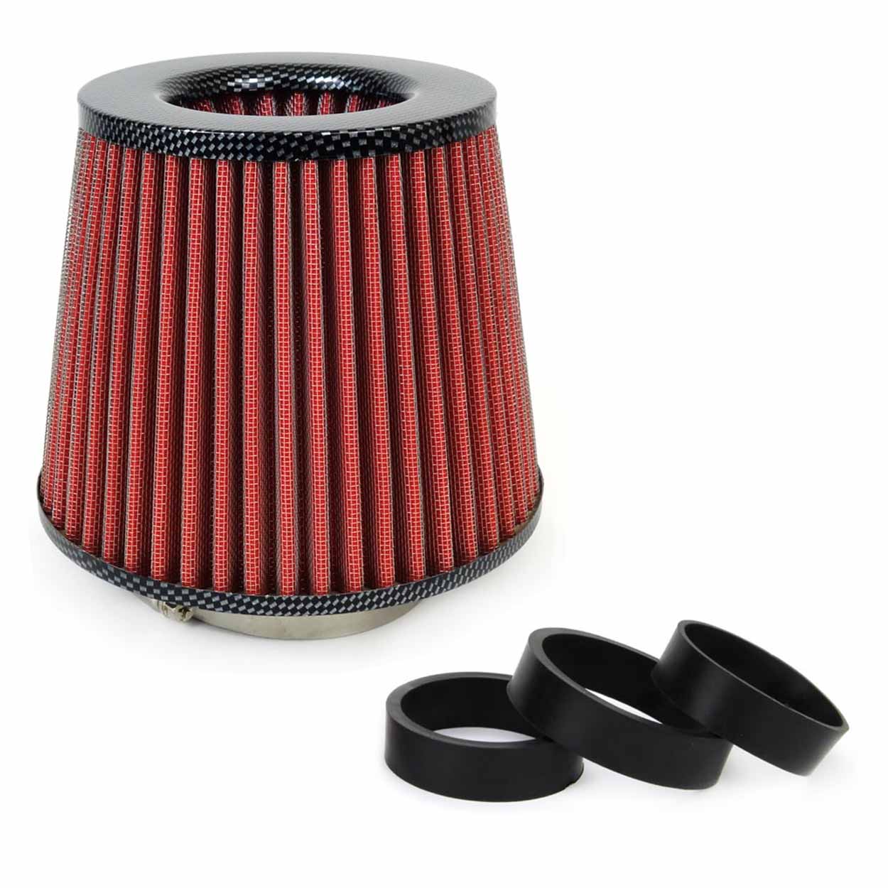 Filter ajri konik për veturë kuqe/carbon, universal, 3 adapterë montimi