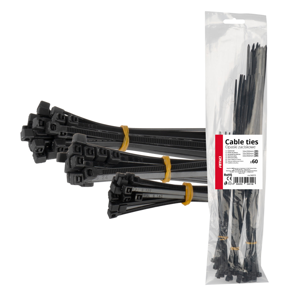 Plastic cable ties black long set 60 pcs. AMIO-04315-1