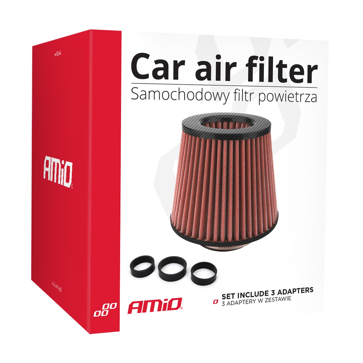 Filter ajri konik për veturë kuqe/carbon, universal, 3 adapterë montimi-4
